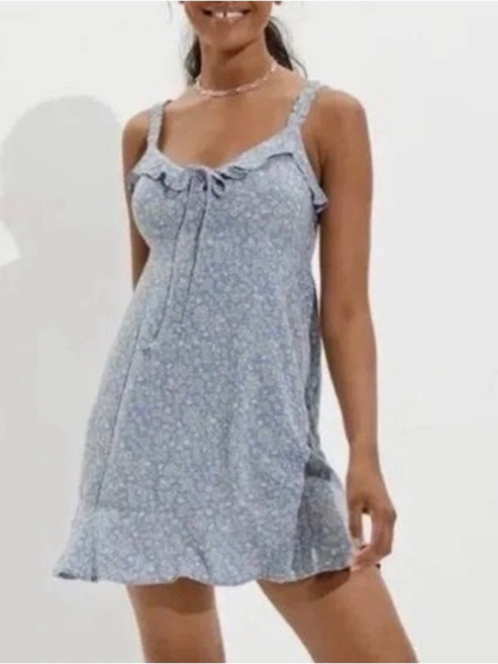 American Eagle Outfitters Blue Floral Ruffle-Trim Dress
